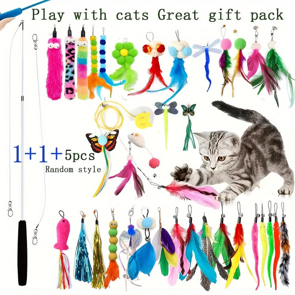Interactive Cat Wand Toy Set Retractable Rod with Random Feather Replacement Heads for Indoor Cats Exercise Play No Battery Required Choose 5 10 15 20 or 25 Heads