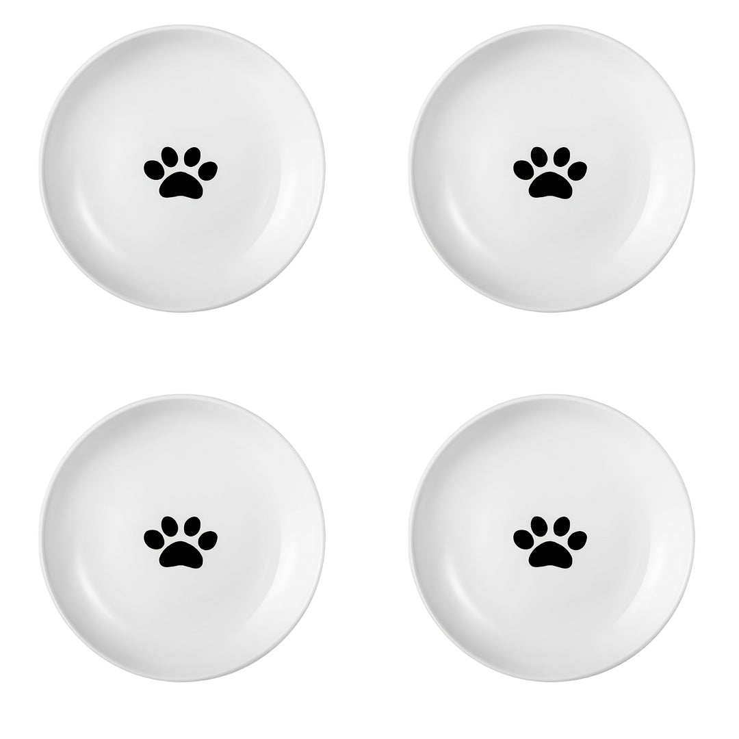 Ceramic Cat Bowl Set of 4 with Paw Print Design – Whisker-Friendly Pet Food & Water Dish for Dry & Wet Food, Multi-Bowl Feeding Set for Cats & Small Dogs, Dishwasher Safe & Easy to Clean