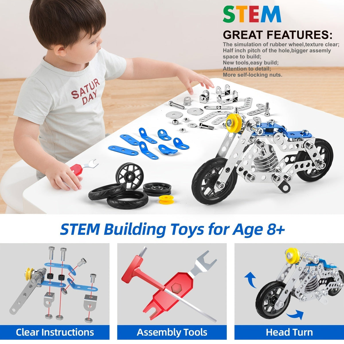 Metal Erector Set Motorcycle STEM Building Kit 139 Pieces for Kids Age 8+, 5-in-1 Multi-Shape Motorbike Construction Model Toy, STEAM Educational Engineering Gift for Boys Girls Teens