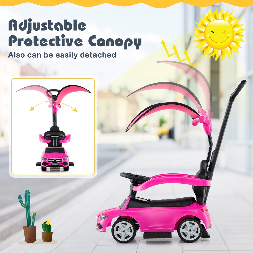 Mercedes-Benz Licensed 3-in-1 Ride-On Push Car for Toddlers 18-36 Months, Kids Sliding Car with Steering Wheel Sound, Push Bar, Adjustable Canopy & Under-Seat Storage - Pink Baby Walker Stroller Gift