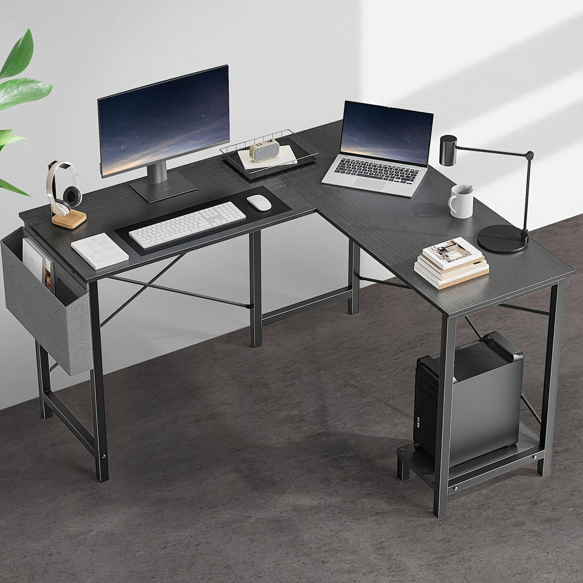 L Shaped Computer Desk with Storage Bag & Shelves – Reversible Corner Office Table, PC Laptop Workstation for Home Office, Study Room, Space-Saving Writing Desk