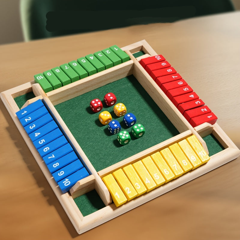 Wooden Number Dice Math Game – Four-Color Board with 8 Colorful Dice, Brain-Teasing Family Tabletop Toy, Party Game for Kids & Adults