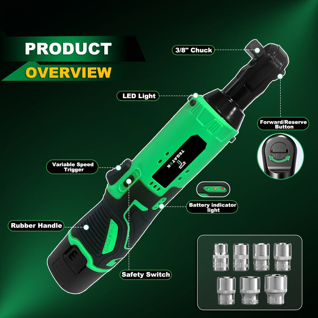 12V Cordless Ratchet Wrench Set 3/8" Drive 40 Ft-lbs – Variable Speed Trigger, Fast Charge, 7 Sockets, 1 or 2 Lithium-Ion Batteries for Automotive Repair, DIY & Valentine’s Day Gift for Men