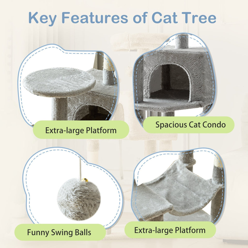 44-Inch Cat Tree Tower with Condo & Hammock – Natural Sisal Scratching Posts, Multi-Level Perches & Pet House for Indoor Cats, Available in Beige, Gray, Pink & Black/Red