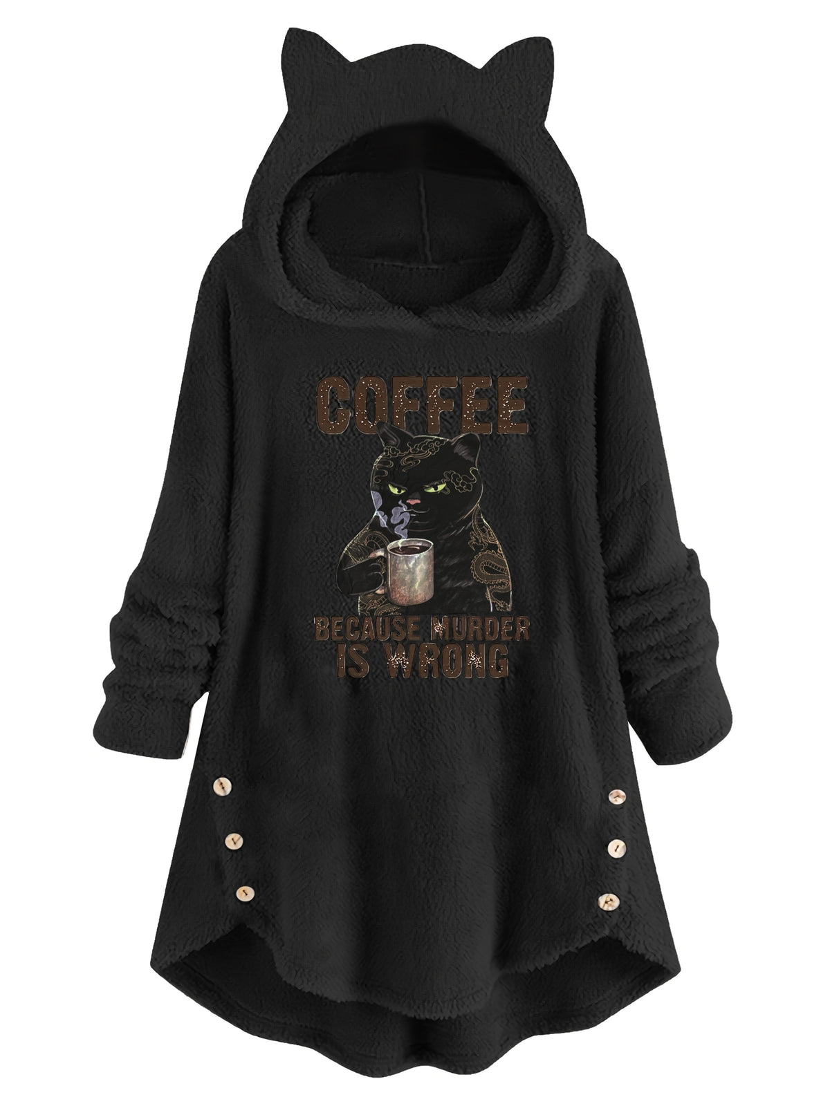 Cat Ear Teddy Fleece Hoodie Women Funny Cat Slogan Print - Cozy Fluffy Sweatshirt with Button Detail, Coffee Because Murder Is Wrong Graphic Hoodie, Grey Burgundy Black S-XXL