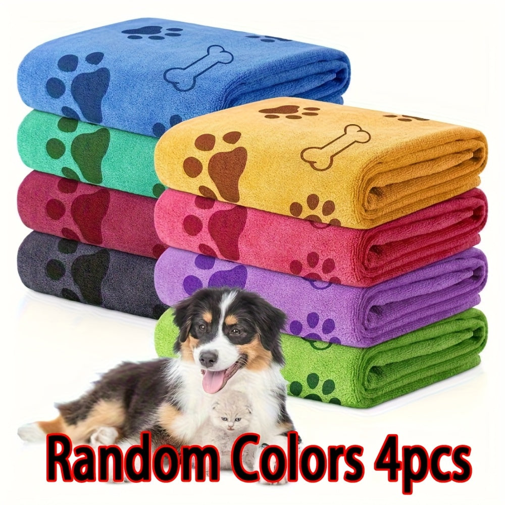 Quick-Dry Dog Towels 4pcs – Soft Absorbent Paw Print Microfiber Pet Bath Towel Set for Medium Dogs, Grooming & Bathing Towels, Random Assorted Colors