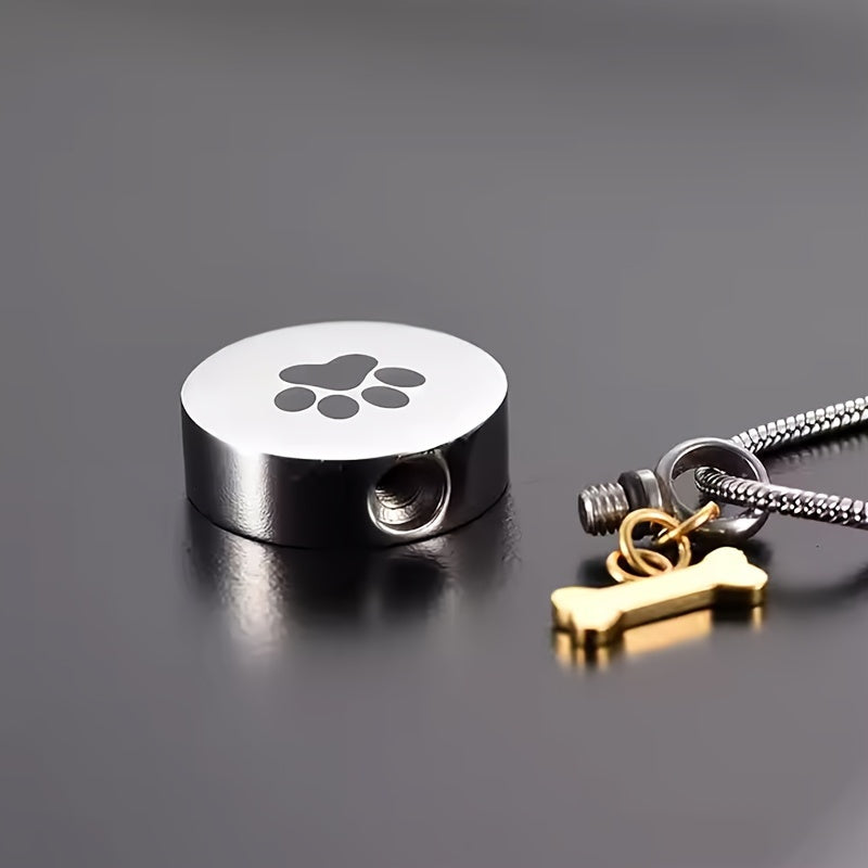 Pet Paw Print Urn Necklace for Ashes - Round Stainless Steel Keepsake Locket Pendant for Dog & Cat Memorial, Cremation Jewelry Ashes Holder for Pet Loss (Silvery)