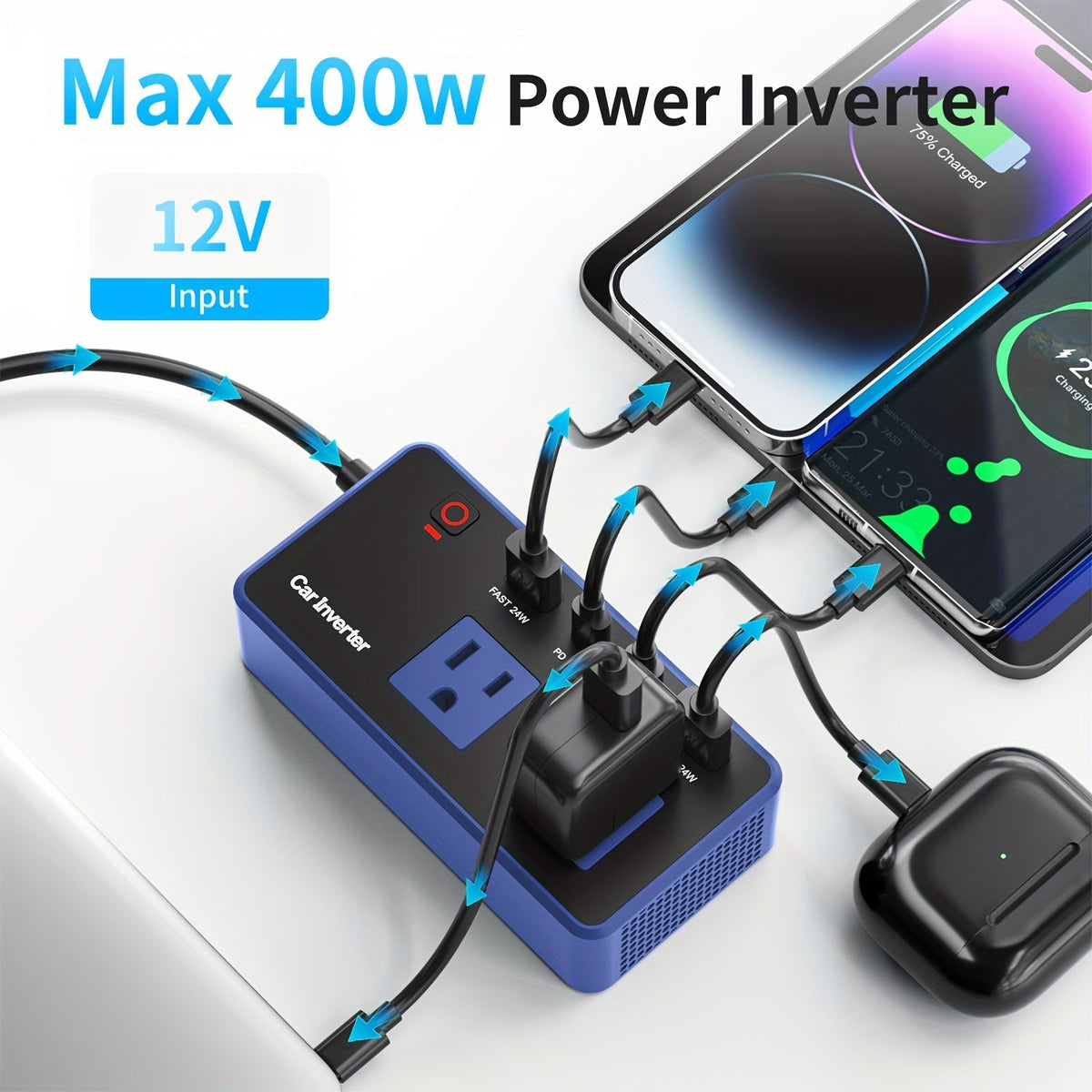 200W Car Power Inverter DC 12V to AC 110V with 24W USB-C & USB-A 4.8A Ports – Vehicle Outlet Adapter for Laptop, Camping, Travel & Road Trip Power Converter