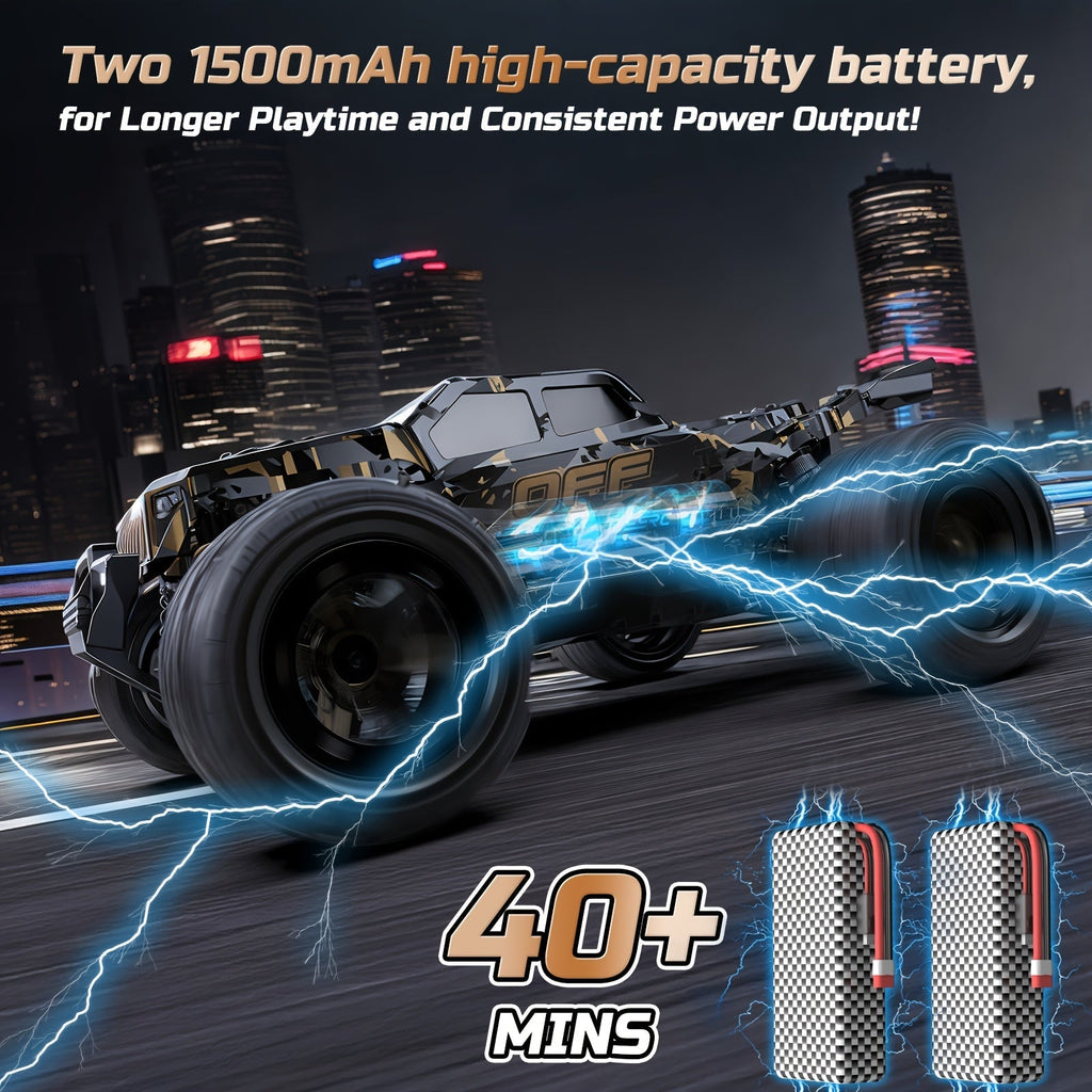 RC Monster Truck 1:16 Scale 42KM/H High Speed 4WD Off-Road Remote Control Car All Metal Drive System Dual 1500mAh Battery LED Headlights Wheelie Bar for Adults Kids