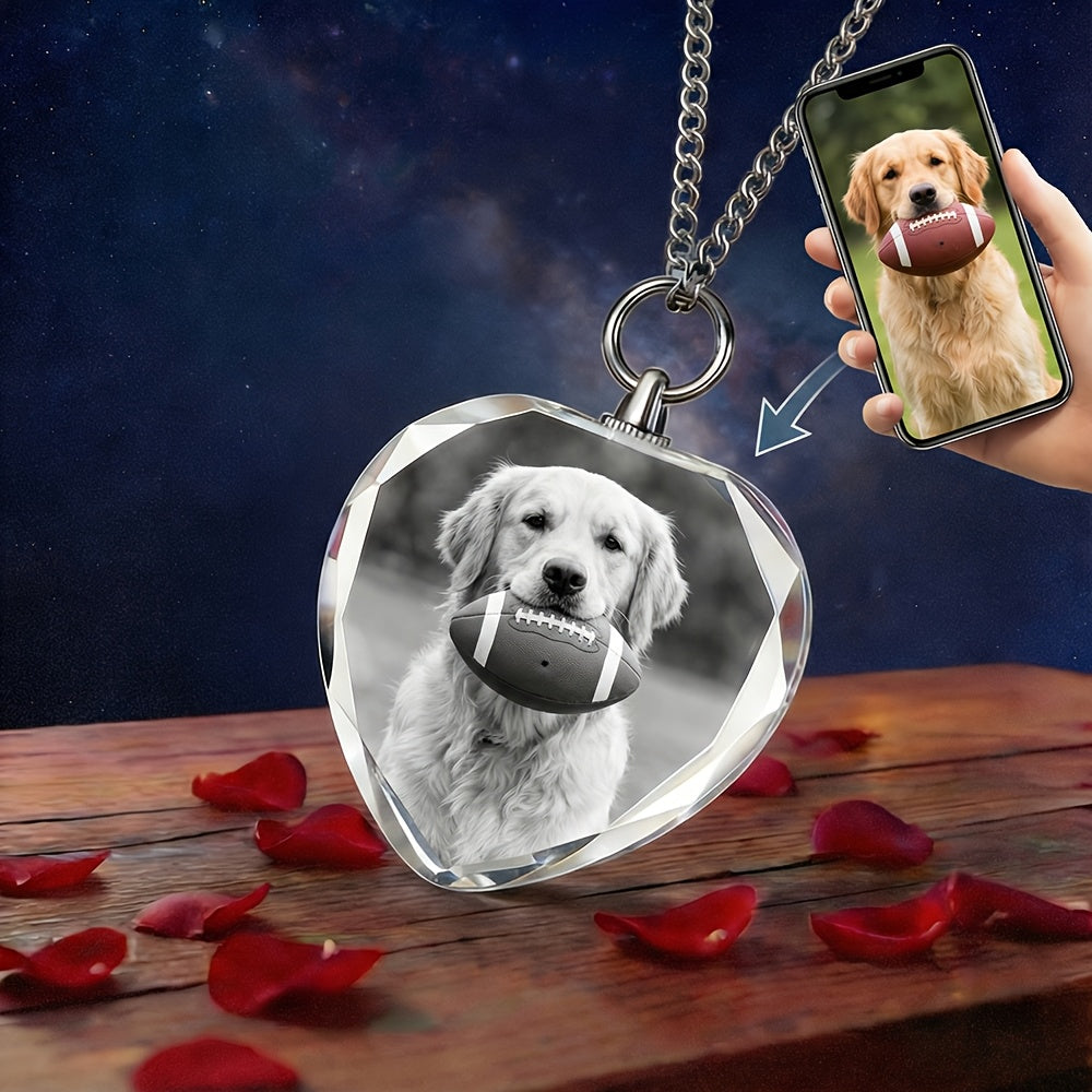 Custom Photo Engraved Crystal Pendant Necklace - Personalized Pet Memorial Keepsake Jewelry for Dog & Cat Lovers, Custom Text & Icon Engraving, Birthday Gift for Wife Mom Pet Owner, Pet Loss Remembrance