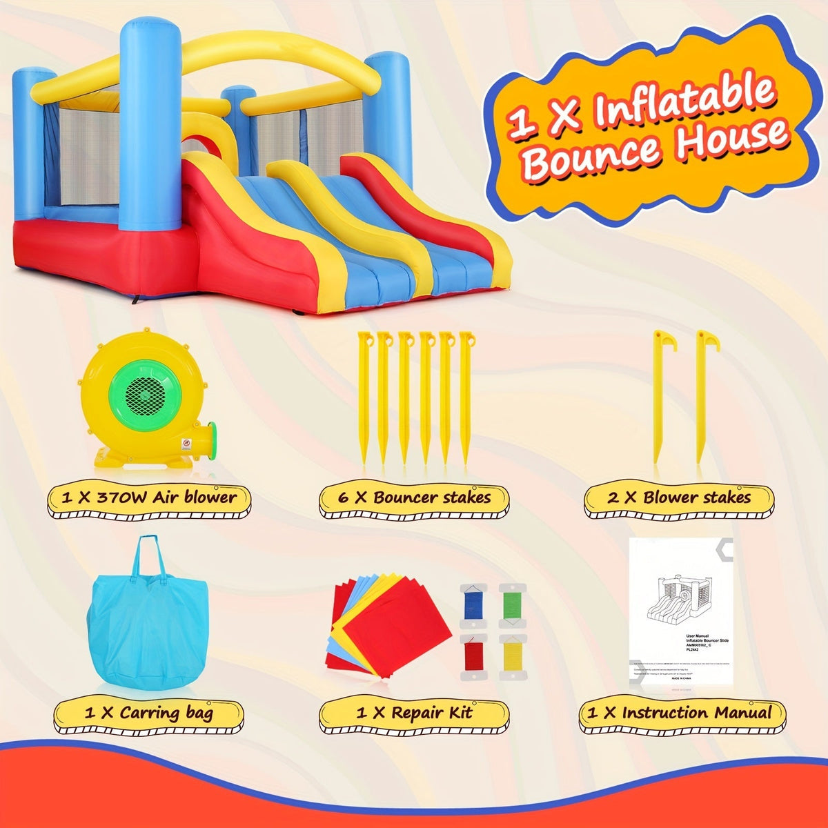 Inflatable Bounce House with Blower for Kids 3-10, 12x9FT Large Backyard Bouncy Castle with Double Slide & Dual Slide, Obstacle Course, Big Bounce Area, Indoor Outdoor Jumper for Birthday Party – Red Blue Yellow