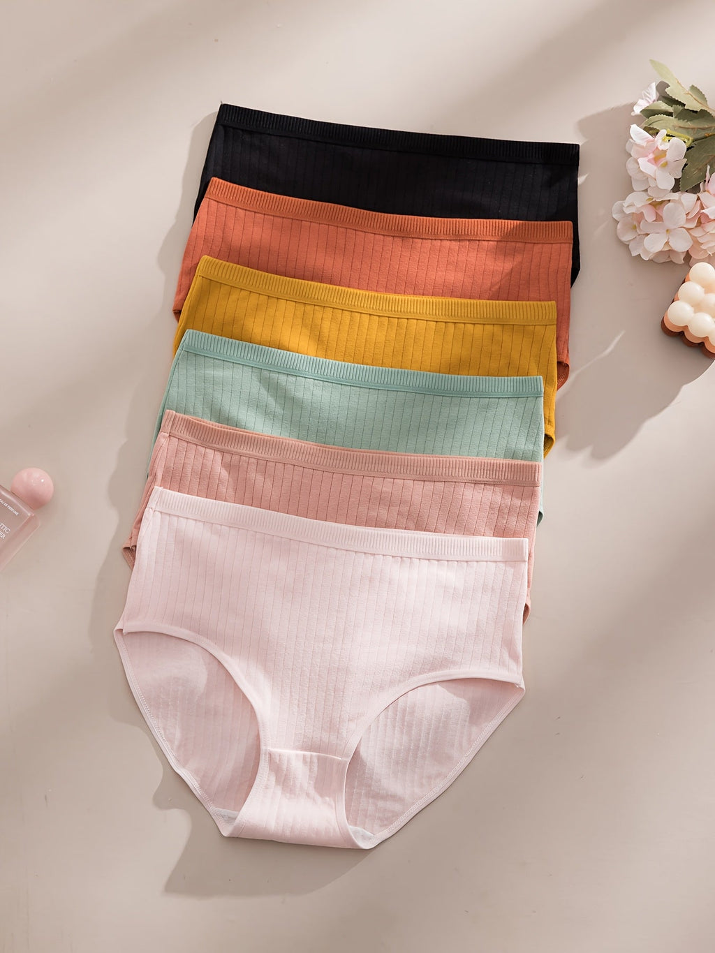 6-Pack Ribbed Thong Panties – Women's Soft Breathable Mid-Waist Triangle Underwear, Rib-Knit Texture, Solid Colors, Maternity-Friendly Everyday Panties