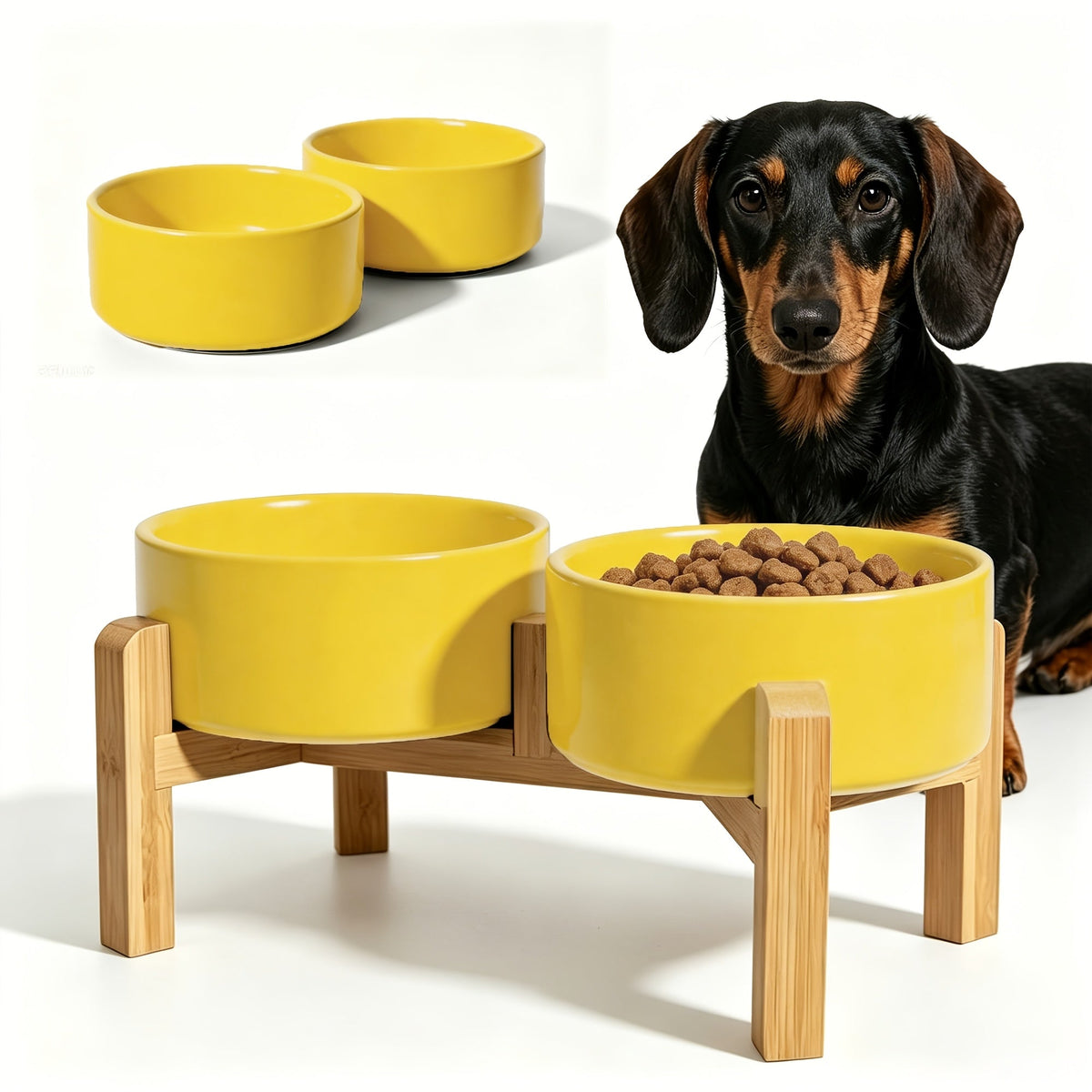 Elevated Ceramic Dog Bowl Set with Bamboo Stand - Raised Double Dog Bowls 28.74oz Non-Slip Feeder for Dogs Cats & Puppies, Adjustable Height Slow Feed Dog Food Bowl with Storage (4 Colors)