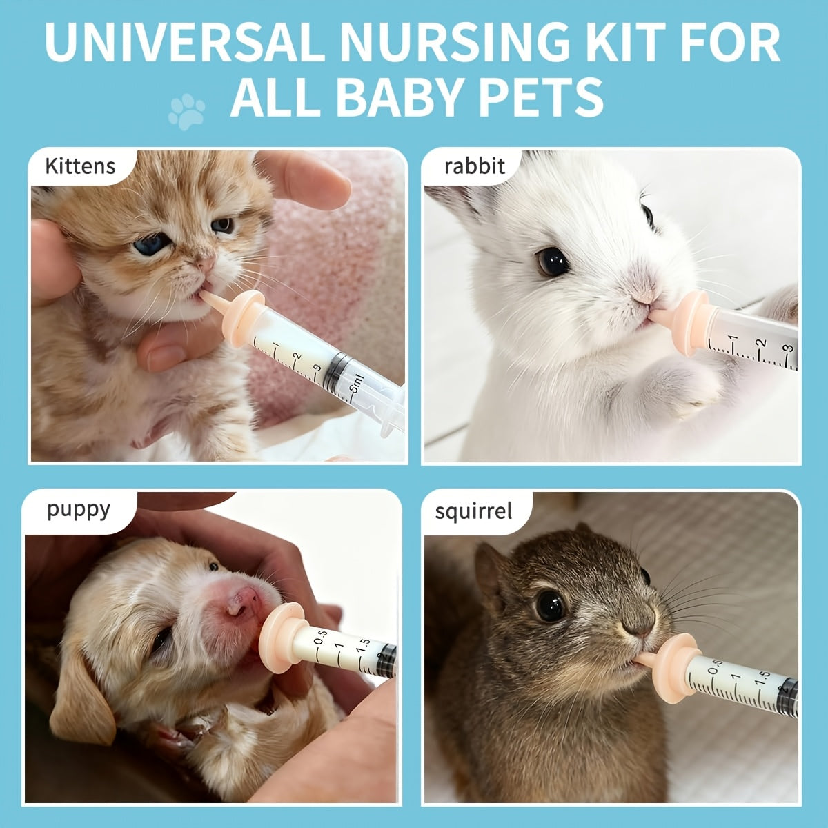 11-Piece Newborn Pet Nursing Kit - Kitten & Puppy Milk Bottle Feeder Set with Spare Nipples & Cleaning Brushes, Neonatal Animal Feeding Supplies for Baby Kittens, Puppies, Squirrels & Small Animals