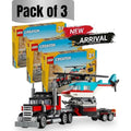 3-in-1 Flatbed Truck with Transport Helicopter Building Toy Set 270 Pieces (3-Pack), Kids Construction Vehicle Brick Kit - Birthday Gift for Boys & Girls Who Love Trucks, Cars & Building Toys
