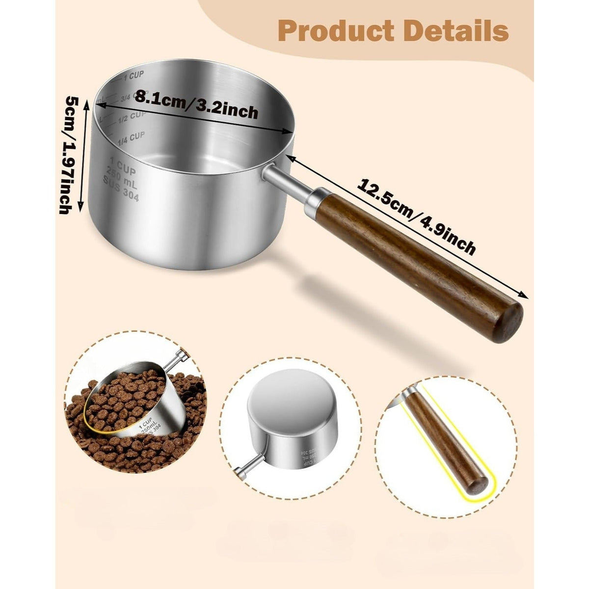 Stainless Steel Dog Food Scoop 1 Cup with Measuring Lines & Long Handle - Metal Pet Food Measuring Cup for Dogs & Cats - Durable Dog Cat Food Scoop with Cup & ML Markings for Accurate Portion Control