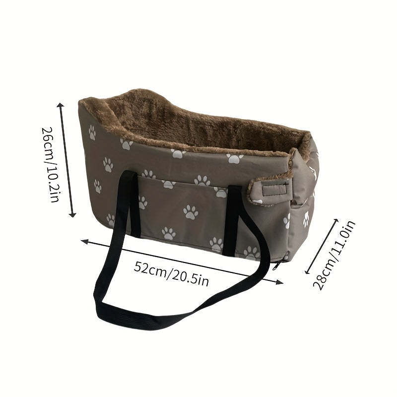 Pet Car Armrest Console Nest - Portable Backable Small Dog Cat Car Seat Bed, Center Console Pet Nest with Paw Print Design, Cozy Travel Companion for Small Pets, Black & Grey Footprints
