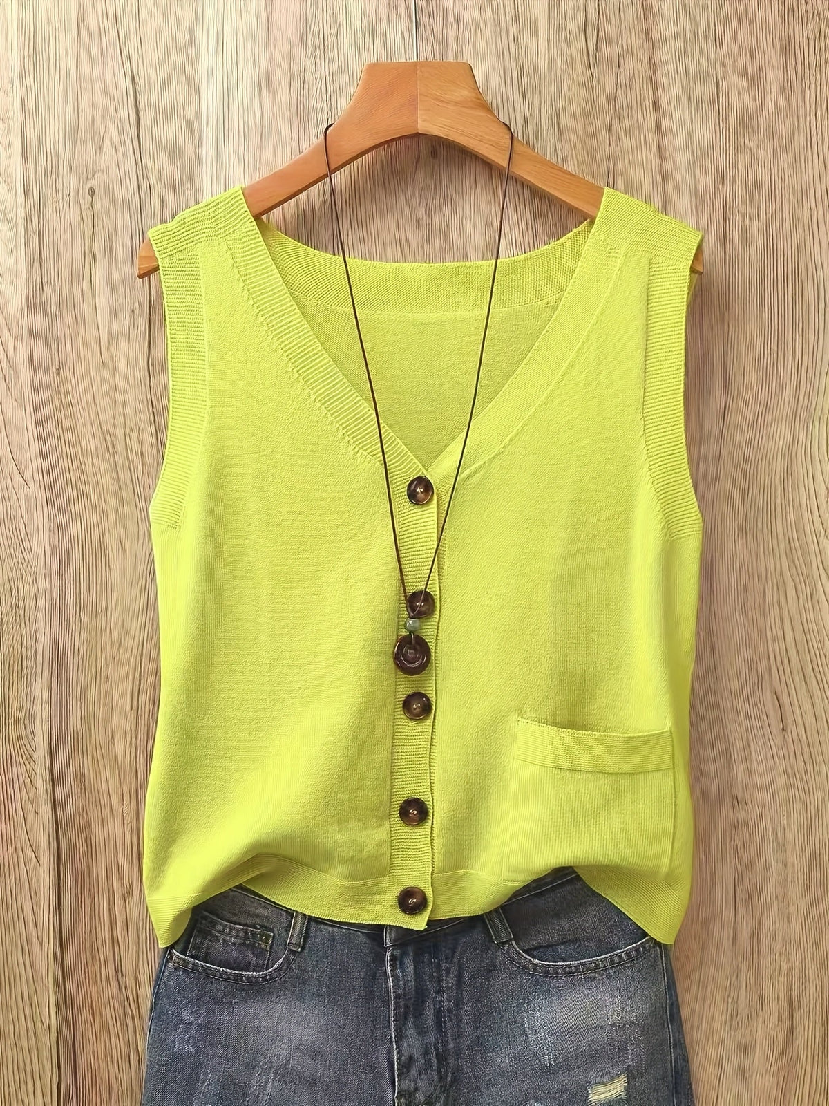Artistic Vintage Knit Vest Women Loose V-Neck Sleeveless Cardigan Button Down with Pocket Spring Summer 2026 Collection – Acrylic Soft Knit