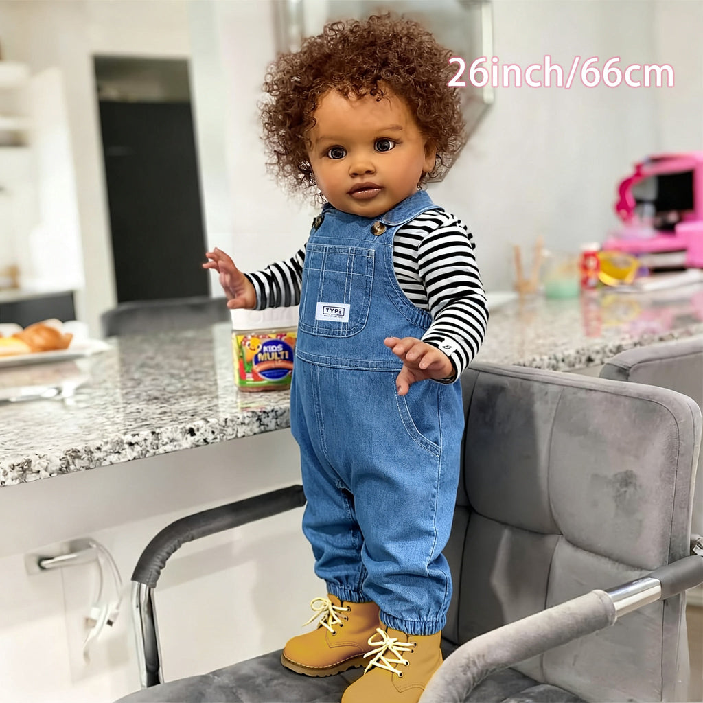 26" Realistic Reborn Baby Boy Doll – African American Newborn with Rooted Curly Hair, Soft Vinyl Body, Anatomically Correct & Complete Gift Set with Outfit, Bottle, Pacifier & Birth Certificate