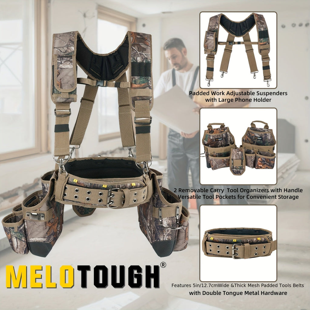 Heavy Duty Tool Belt with Suspenders 5-Piece Set – 1680D Ballistic Fabric, Carpenter Framer Construction Pouch with Phone Holder & Hammer Loop, Fits Electricians, Roofers & Contractors