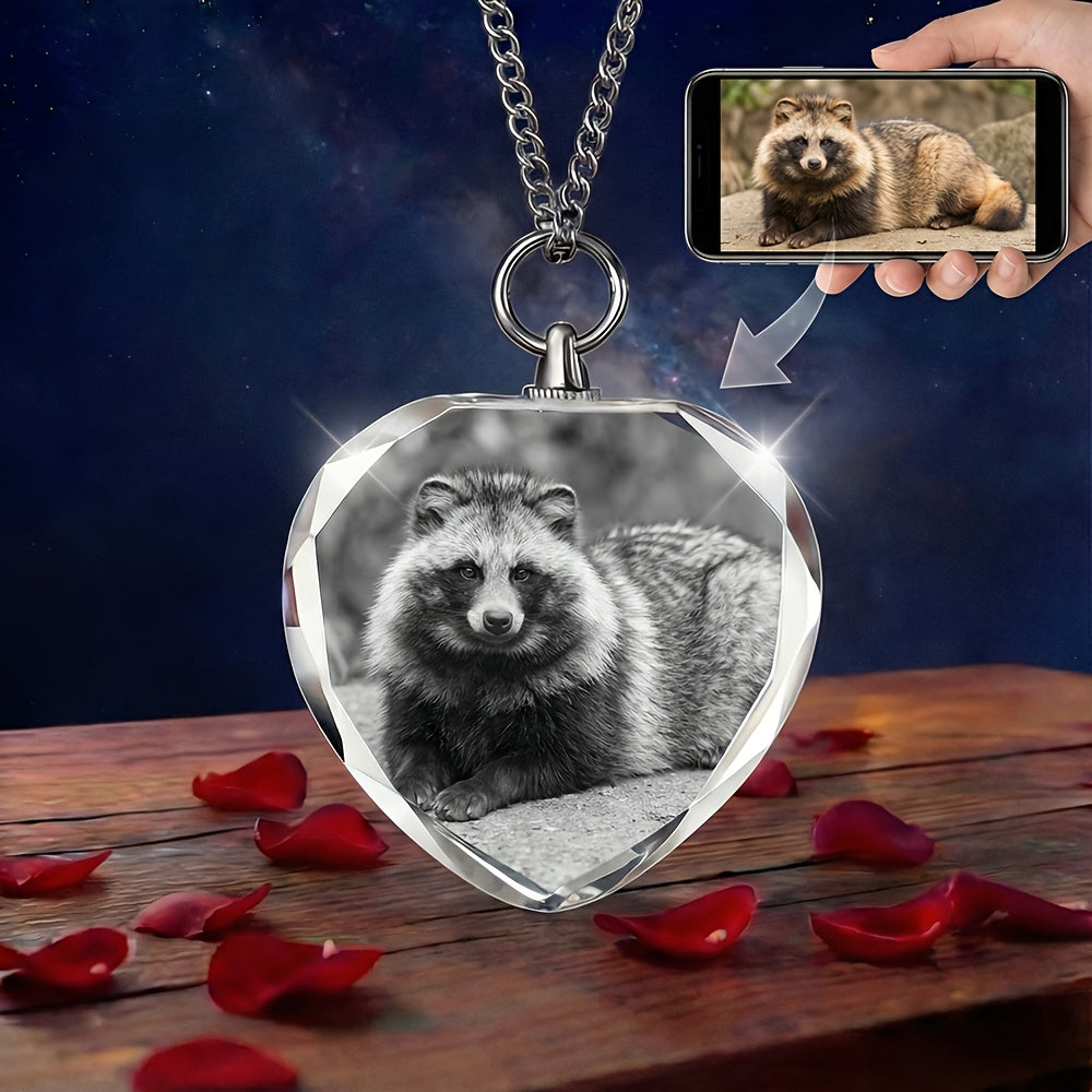 Custom Photo Engraved Crystal Pendant Necklace - Personalized Pet Memorial Keepsake Jewelry for Dog & Cat Lovers, Custom Text & Icon Engraving, Birthday Gift for Wife Mom Pet Owner, Pet Loss Remembrance