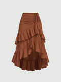 Women's Asymmetrical Pleated Hem Multi-Layer Midi Skirt – Flowy Chiffon-Style 100% Polyester Spring Fall Fashion Tiered Ruffle Swing Skirt