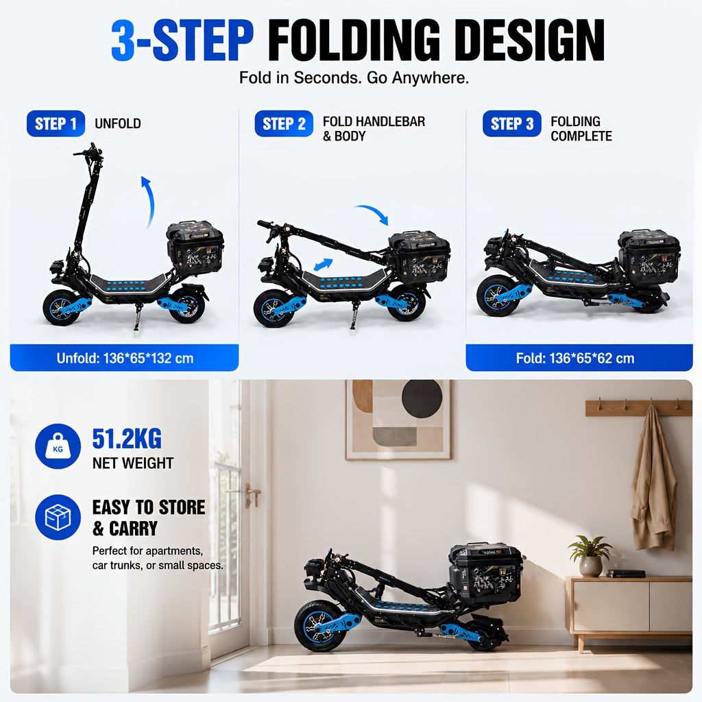 60V 3000W Dual Motor Off-Road Electric Scooter – 12-Inch Fat Tires, Front & Rear Suspension, Dual Hydraulic Brakes, Foldable Design with Bluetooth Music Player for Adults