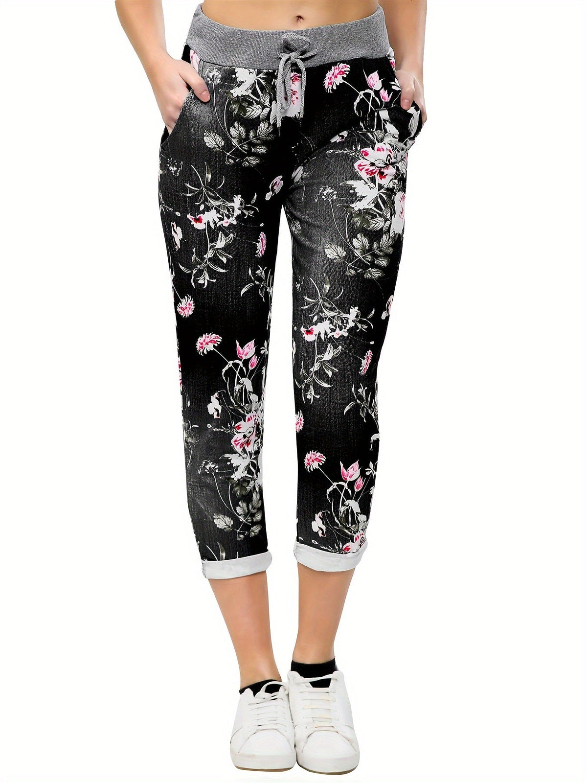Floral Print Drawstring Capri Pants for Women - Boho Cropped Pants with Stretch Fabric, Spring Summer Fall, S-XXL