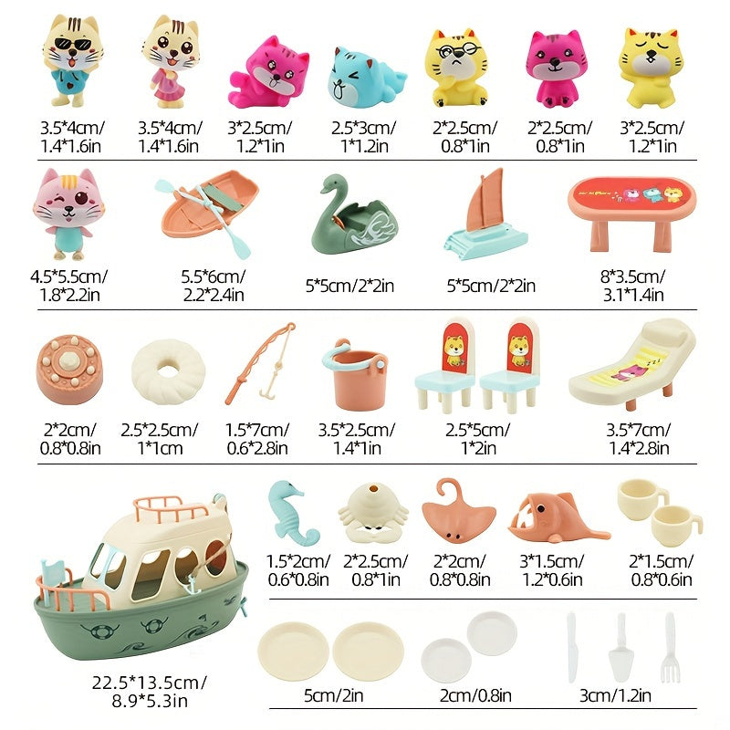 Cat Pirate Boat Playset for Kids – Kitten Pretend Play Toy with Cat Figures & Random Accessory Colors, Fun Pet Pretend Play Set, Pirate Party Favor Prize, Creative Gift for Boys Girls Ages 3 4 5 6+