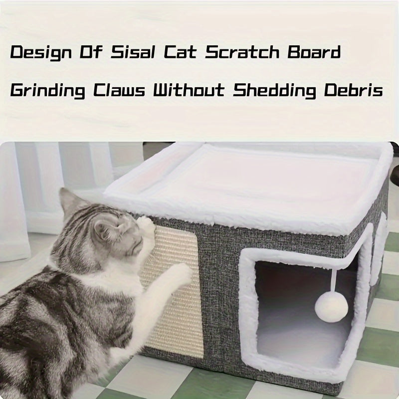 Multi-Layer Cat House with 2-Tier Bed, Toy Tunnel, Foldable Scratching Post & Cozy Mat – All-Season Indoor Cat Condo with Plush Hanging Ball, Nylon Frame & Canvas, Foldable Design