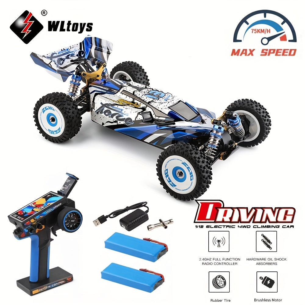 Wltoys 124017 RC Car 75KM/H 4WD Brushless Professional Racing Drift Car – Aluminum Alloy Body, Oil Pressure Shock Absorber, Zinc Alloy Gears, 100M Range, High Speed Off-Road RC Truck with 2 Batteries