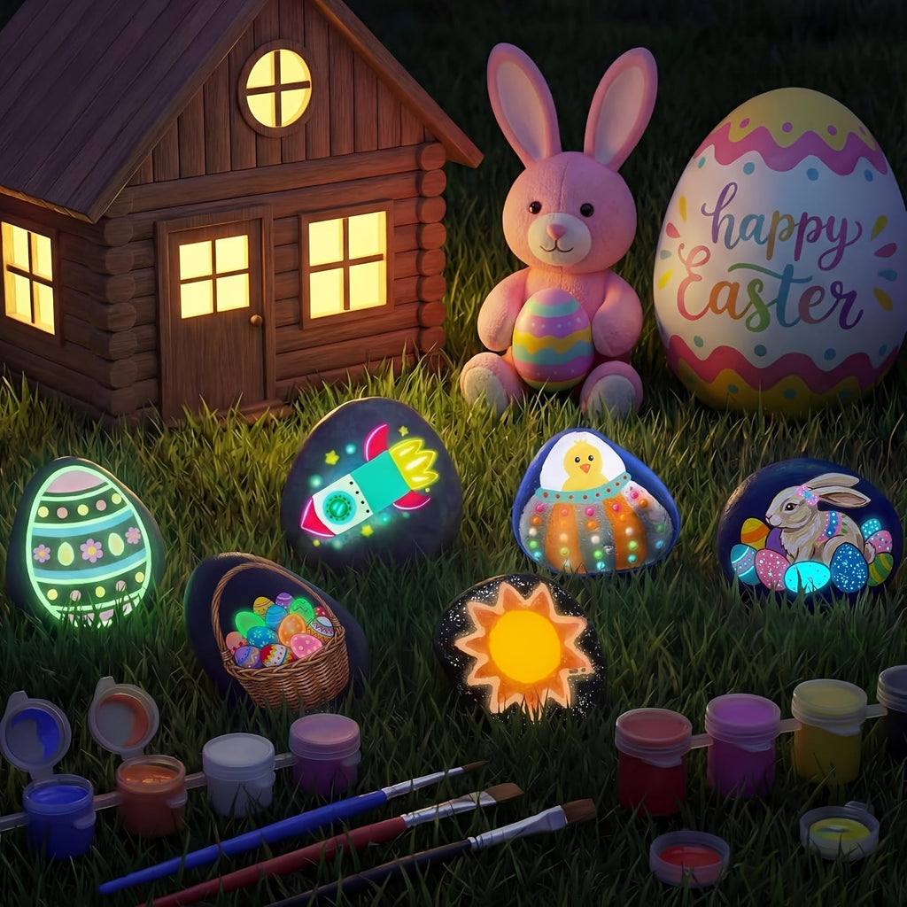Glow in the Dark Rock Painting Kit for Kids Ages 6+ – Complete Arts & Crafts Set with 10 Rocks, 17 Paints, Gems, Brushes & Stickers | STEM Creative Art Toy Gift for Boys & Girls, Birthday & Easter