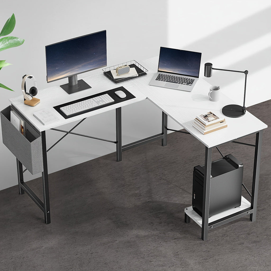L Shaped Computer Desk with Storage Bag & Shelves – Reversible Corner Office Table, PC Laptop Workstation for Home Office, Study Room, Space-Saving Writing Desk