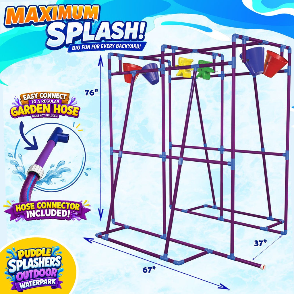 Backyard Waterpark Sprinkler Set for Kids & Family, 68"x37"x76" Outdoor Water Play Structure with 4 Dump Buckets & 2 Spinning Splash Wheels - Garden Hose Splash Pad, Summer Water Toy for Backyard Party