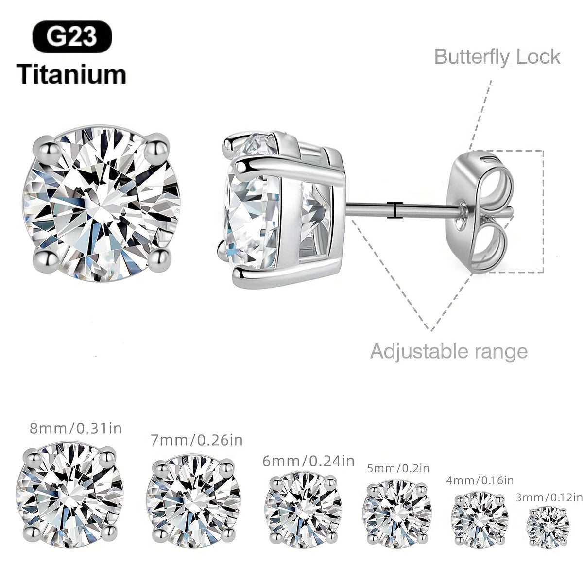 G23 Titanium Stud Earrings Set Hypoallergenic Zirconia Multiple Piercing Stacking Earrings 3 4 5 6 7 8mm Small Studs for Women Men Sensitive Ears Gift