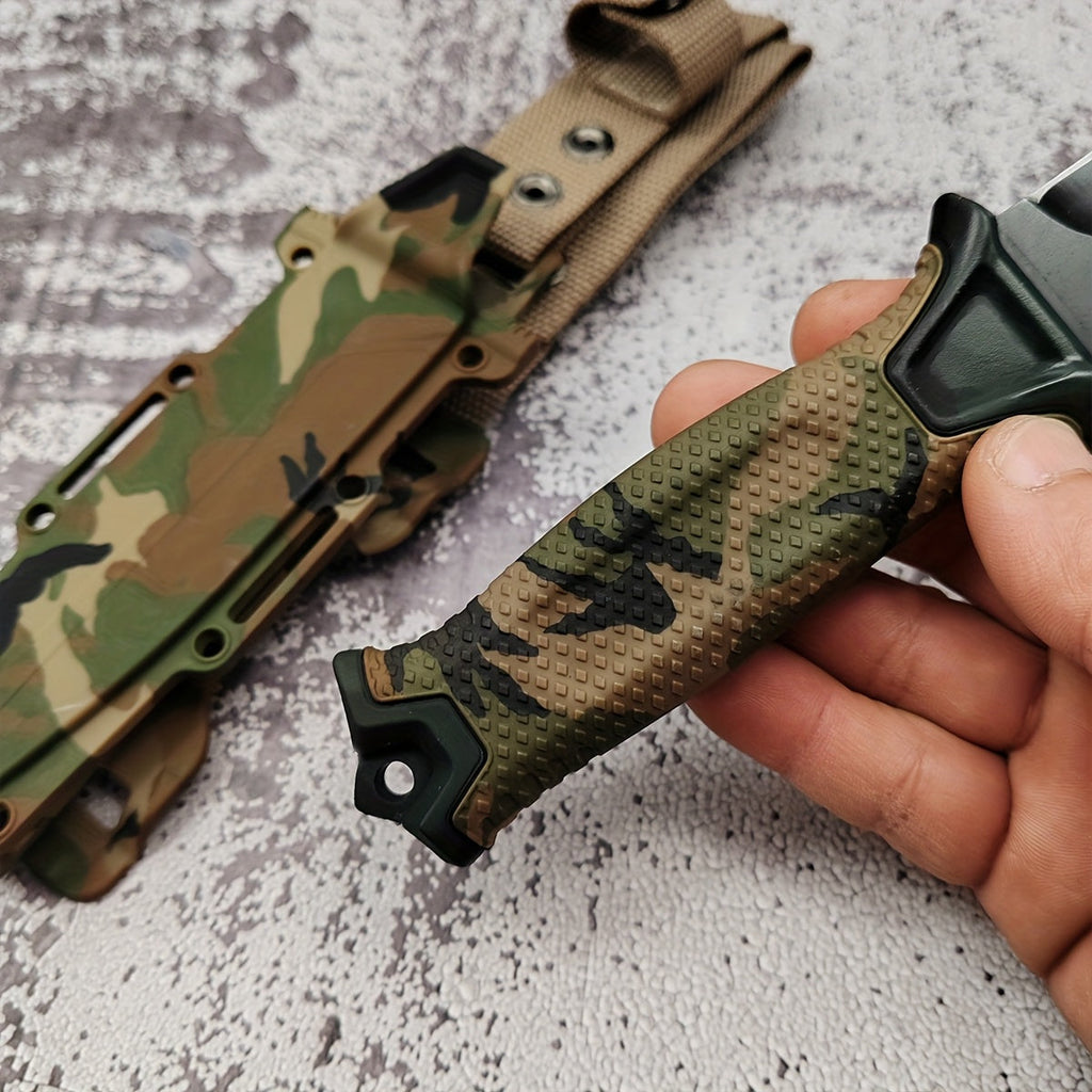 Outdoor Fixed Blade Knife – Stainless Steel Straight Blade, Non-Slip Handle, K-Type Sheath, EDC Hunting Fishing Camping Survival Knife, Camouflage, Multi-Purpose Field Tool for Men