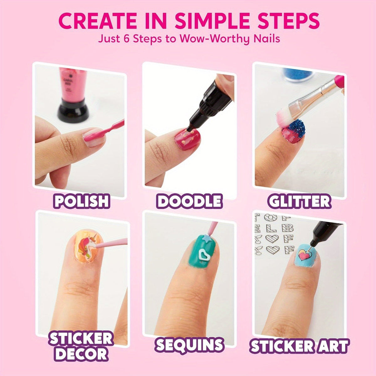Kids Nail Art Kit for Girls Non-Toxic Nail Polish Set with Glitter Stickers Sequins 220+ Designs 6 Color Pens Children Nail Studio Birthday Christmas Gift Ages 7 and Up