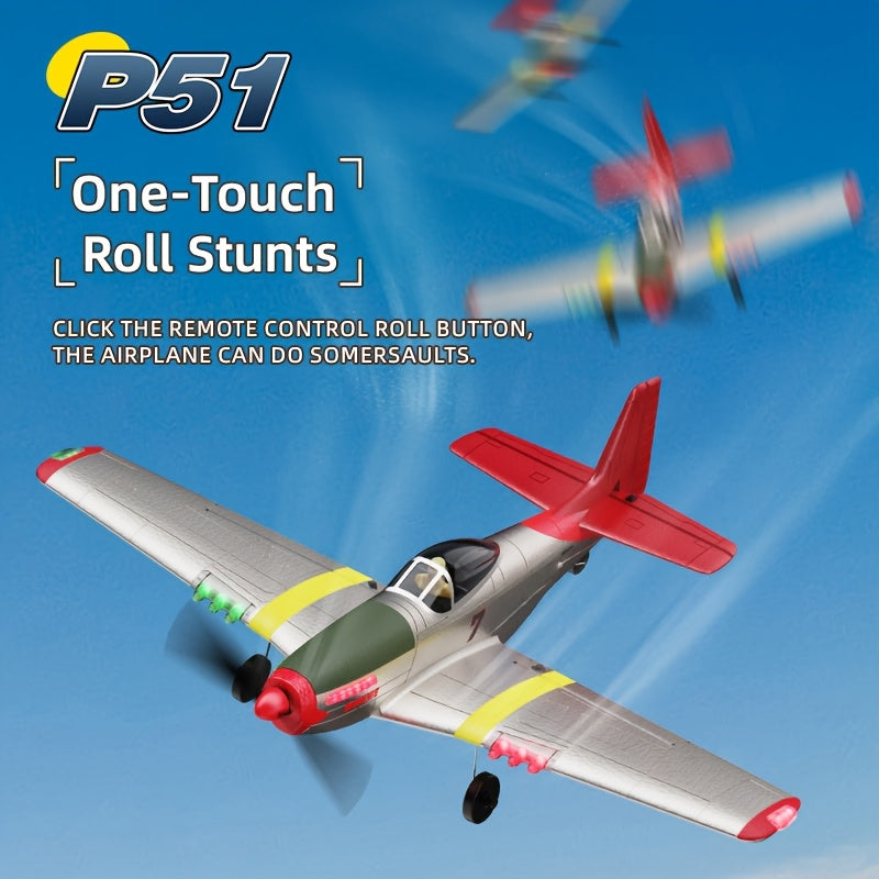 P51 Mustang RC Plane 4-Channel Ready-to-Fly Fighter Jet with 6-Axis Gyroscope, 3D Aerobatic Mode, LED Lights, 2.4GHz Remote Control Electric Airplane – RTF Beginner RC Fixed Wing with 2 Batteries