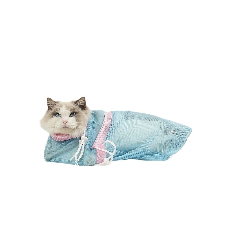 Cat Restraint Bag Veterinary Grade - Breathable Mesh Cat Grooming Bag for Bathing, Nail Trimming, Ear Cleaning, Medication & Injections, Durable No-Battery Design, Safe for Kittens & Cats, Blue & Grey