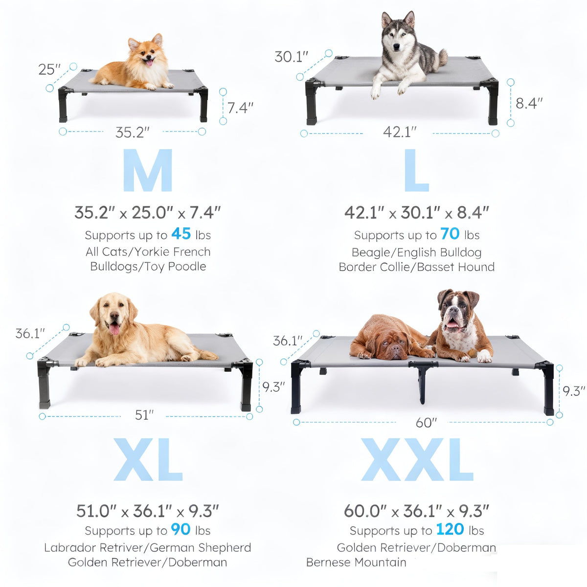 Cooling Elevated Dog Bed Raised Cot with Breathable Mesh & Metal Frame – Washable Portable No-Slip Dog Cot for Indoor & Outdoor Use, Available in 4 Sizes & 7 Colors for All Breeds