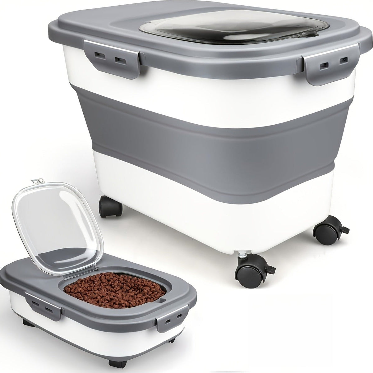 Foldable Pet Food Storage Container with Airtight Lid & Wheels – Large Capacity Moisture-Proof Dog Cat Food Bin 5–30 LBS, Collapsible Storage for Pet Food, Grains & Flour, Gray Green Pink