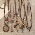 5 Piece Bohemian Layered Necklace Set for Women – Retro Boho Sweater Chain Y-Shaped Necklace with Feather Leaf Butterfly Star Pendants, Fashionable Stackable Jewelry Gift for Daily Wear and Banquets