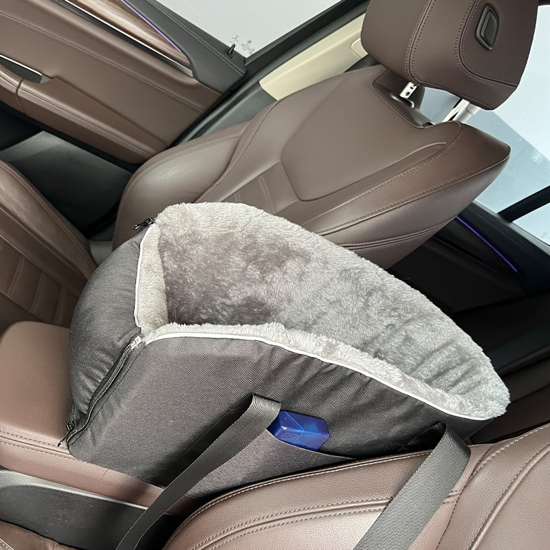 Pet Car Center Console Armrest Bed & Nest - Removable Dog Cat Car Bed with Detachable Handbag, All-Season Small Pet Carrier for Car Console, Grey & Black, Cozy Travel Companion