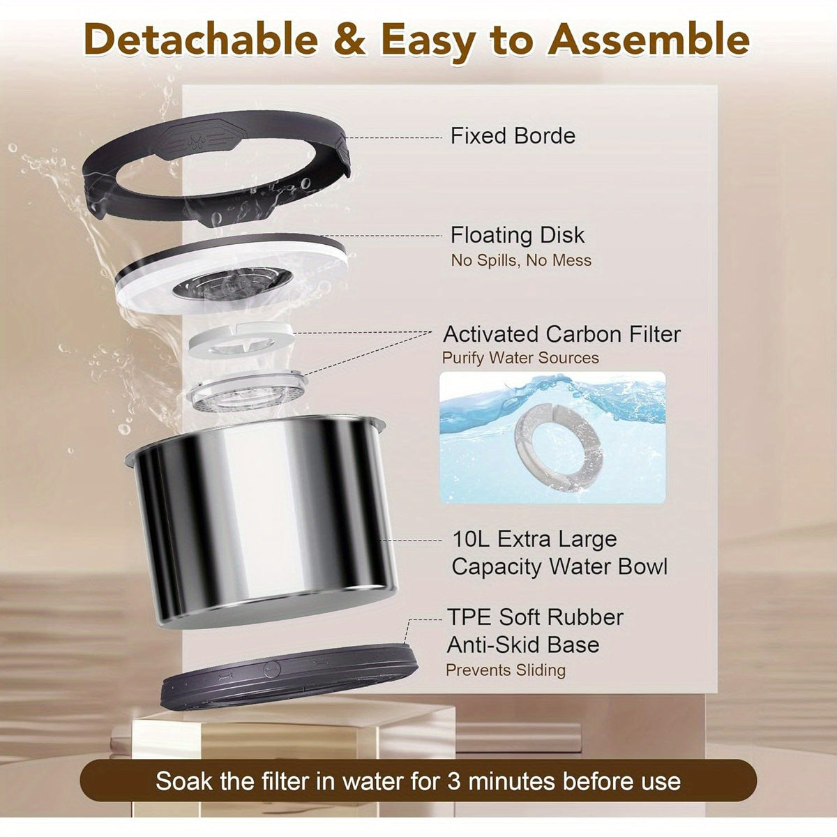 Large Dog Water Bowl 10L Stainless Steel No Spill - 2.6 Gallon Slow Drinking Anti-Splash Bowl with Floating Board, Non-Slip Base & Removable Filter for Large Dogs & Multi-Pet Homes, Indoor Outdoor