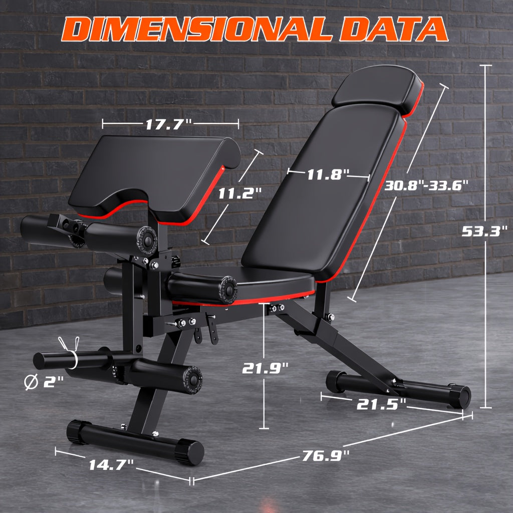 Foldable 6-in-1 Adjustable Weight Bench for Home Gym – 770 LBS Capacity, Flat Incline Decline, Resistance Bands, Preacher Curl Pad & Leg Developer, Full Body Strength Training Equipment