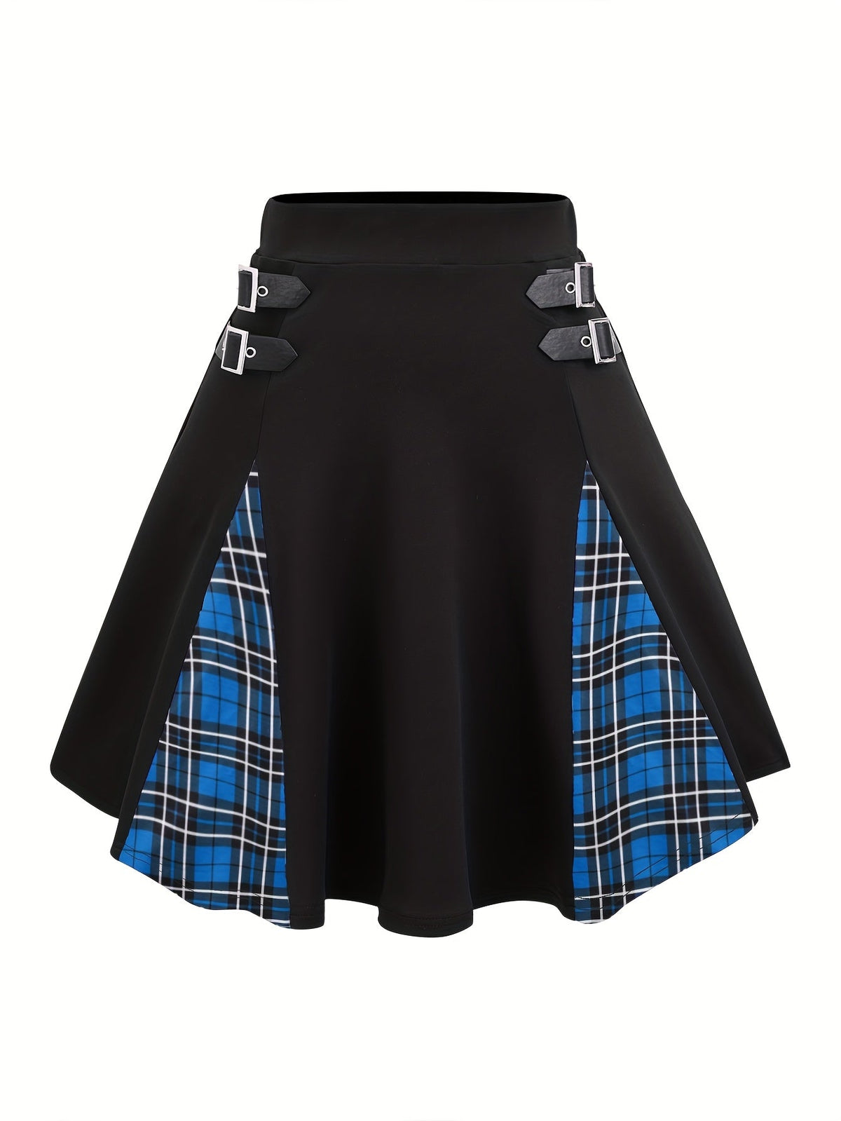 Gothic Plaid Buckle High Waisted A-Line Mini Skirt Women Y2K Gingham Color Block Knit Skirt Black Gray Red Blue Purple S M L XL XXL