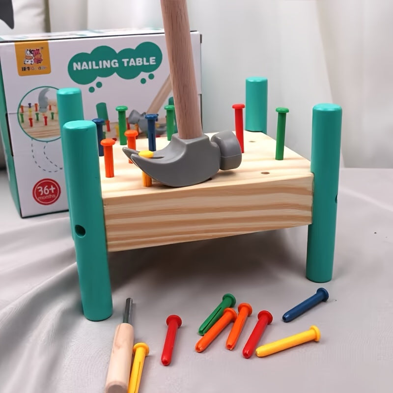 Pounding Table Toy for Toddlers Five-Color Knocking Nail Hammer Set Color Recognition Hand-Eye Coordination Parent-Child Interactive STEM Educational Toy Birthday Christmas Gift for Kids