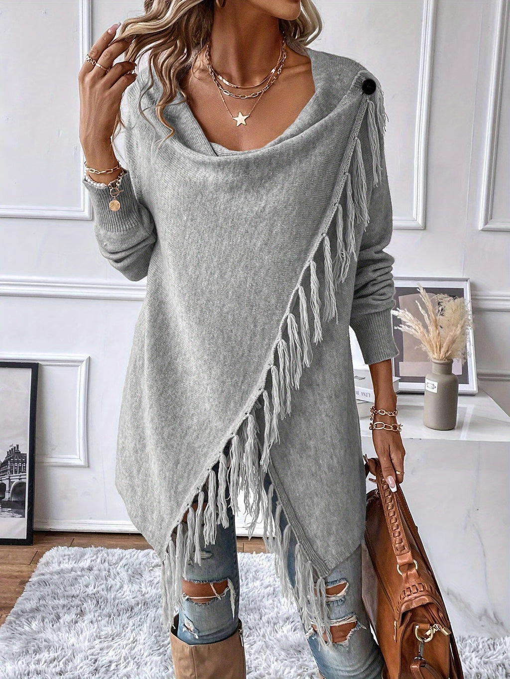 Women's Fringed Shawl Cardigan with Draped Neckline - Fringe Trim Wrap Sweater for Fall Winter, Solid Color Loose Knit Poncho Shawl S M L XL XXL