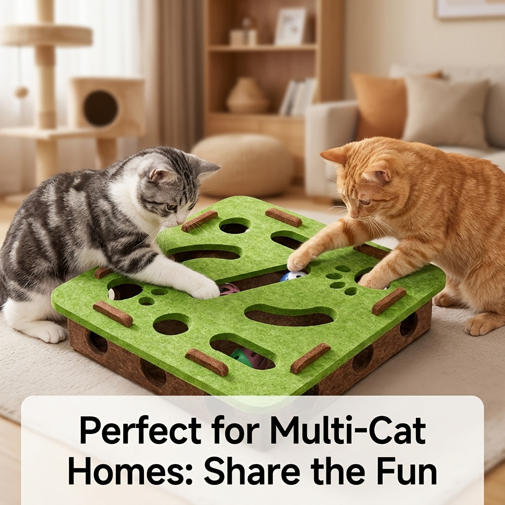 Felt Cat Treasure Hunt Maze Toy Tray - Interactive Ball Retrieval Educational Toy Box, No-Tool Assembly, Detachable Cover for Easy Cleaning, Scratch-Proof Thickened Felt, Upgraded Model, Green