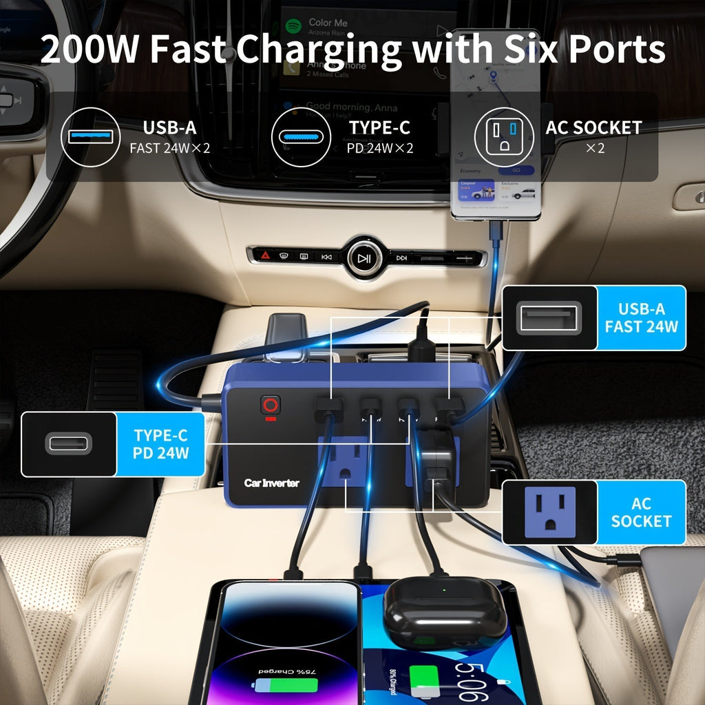 200W Car Power Inverter DC 12V to 110V AC with PD 24W & QC 24W Quick Charge – Dual Fast Charging Vehicle Adapter for Car Office, Work from Car, Camping & Road Trip